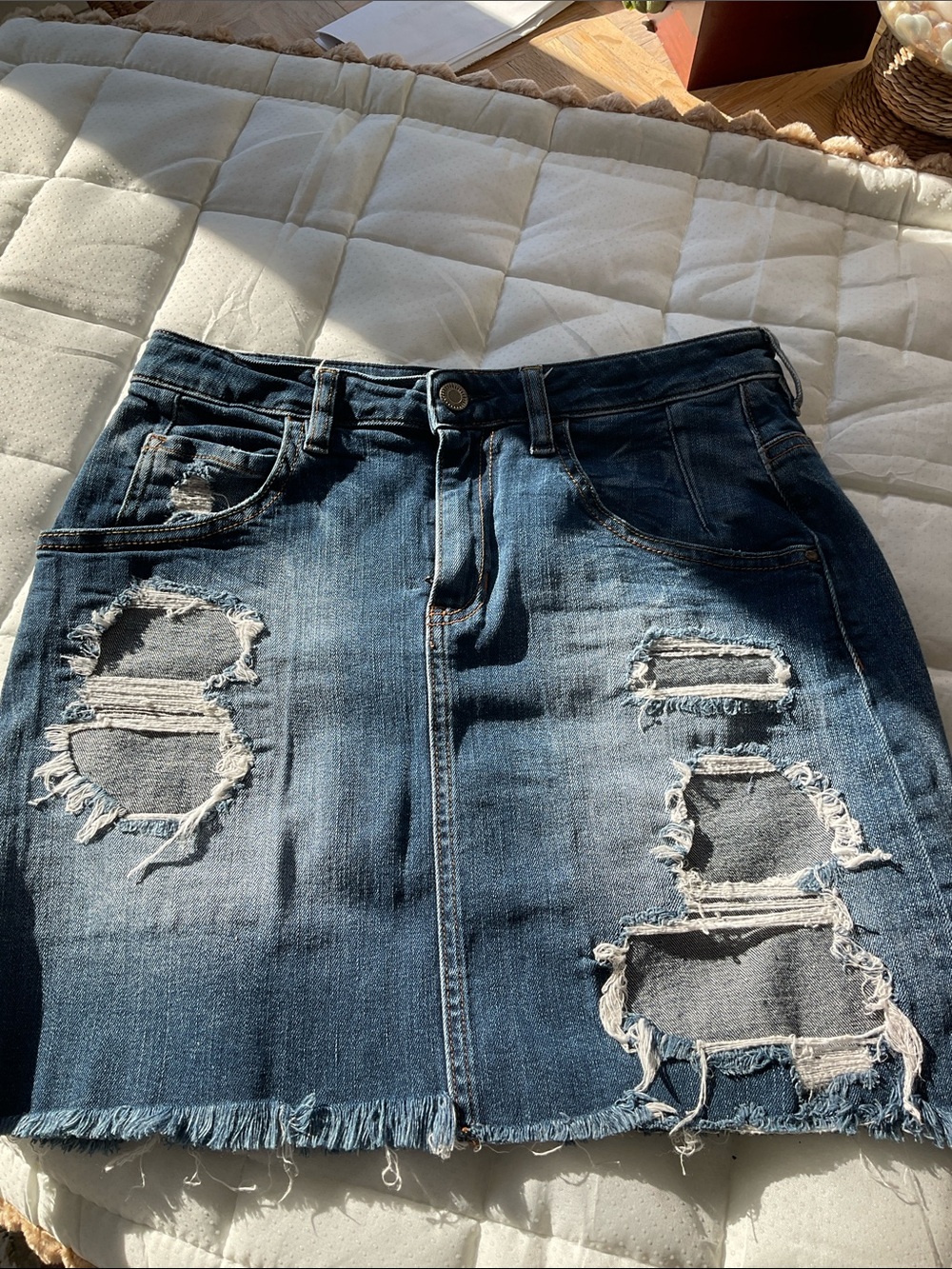 GUESS Dark Blue Distressed Denim Mini Skirt
